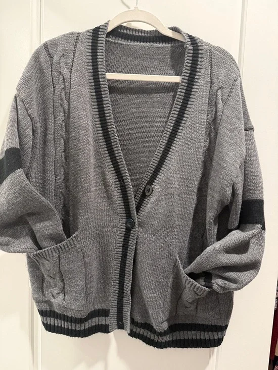 Gray Knit Button Cardigan with Black Trim - Picture 2 of 6